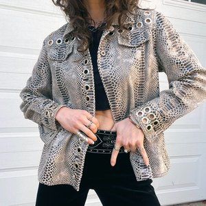 Reworked Snakeskin Printed Silver Grommet Studded Lightweight Jacket - Size 8P